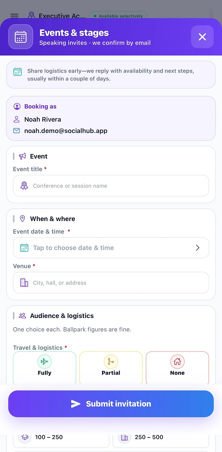 Events and stages booking form