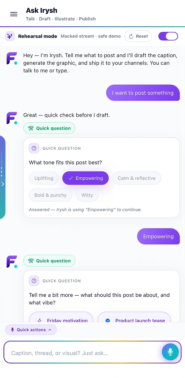 Ask Irysh social content assistant